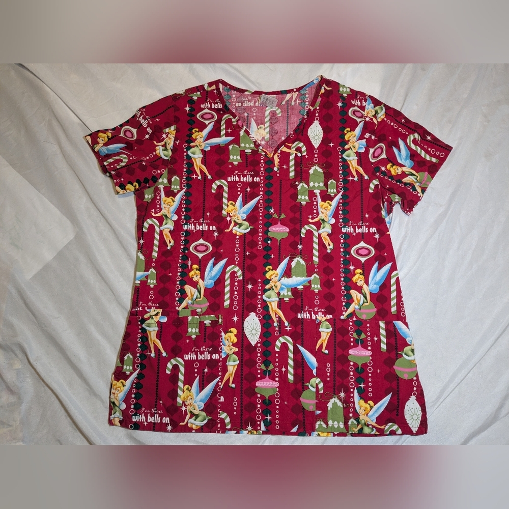 Disney Christmas Tinkerbell Women's Scrub Top Size Small‎